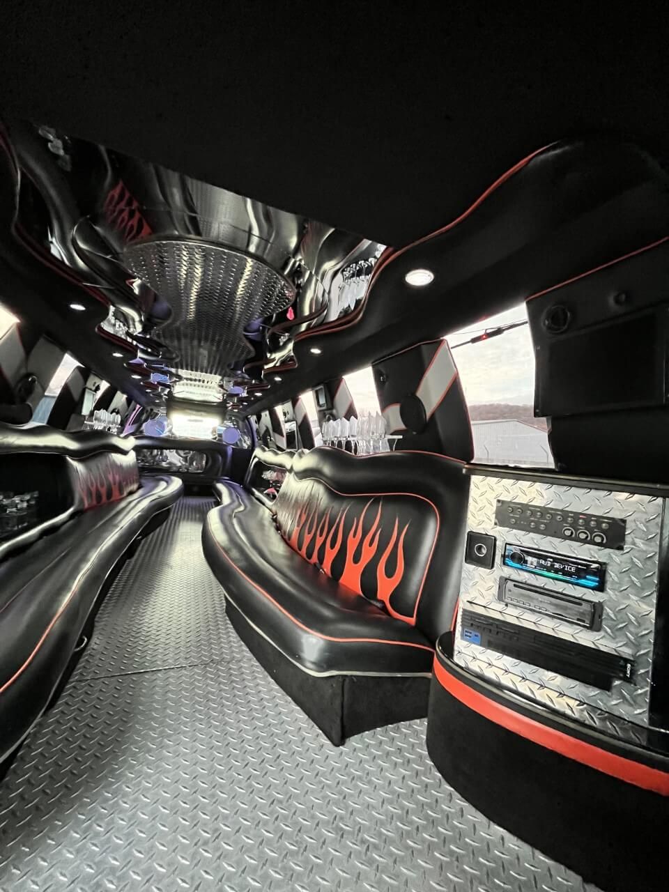 F250 limousine interior with flame detailing